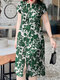 女性の花柄ボタンデザインスプリットヘム半袖ドレス - 緑