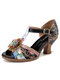 SOCOFY Retro Embossed Floral Ethnic Style Stitching Buckle T-Strap Chunky Heel Sandals - Black
