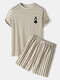 Mens Stripe Plum A Poker Print Raglan Sleeve Casual Two Pieces Outfits - Khaki