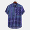 Mens Ethnic Style Printed Floral Loose Short Sleeve 100% Cotton Henley Shirt - Blue