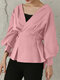 Solid V-neck Lantern Long Sleeve Knotted Loose Women Blouse - Pink