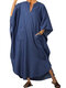 Solid Color Batting Sleeve Loose V-neck Maxi Dress For Woemn - Dark Blue