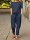Women Casual Solid Pocket Knotted Two Pieces Suit - Navy
