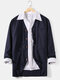 Mens Cotton Linen Solid Button Up V-Neck Cardigans With Welt Pockets - Navy