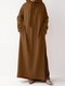 Solid Color Slit Hem Long Sleeve Casual Long Hoodie Dress With Pocket - Brown