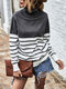 Striped Patch High Neck Casual Women Sweater - Grey