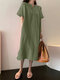 Повседневная миди с короткими рукавами и коротким рукавом с однотонным разрезом для отдыха Платье - Армейский Зеленый