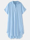 Plain High-low Hem Button Front Plus Size Casual Shirt - Blue