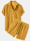 Mens Thin Corduroy Solid Patch Pocket Breathable Short Sleeve Shirt & Shorts - Yellow