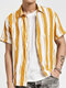Mens Striped Chest Pocket Lapel Collar Casual Short Sleeve Shirts - Yellow