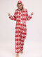 Plus Size Deer Print Jumpsuits Pajamas Hooded Front Zipper Flannels Warm Sleepwear For Women - Red