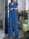 Женская однотонная повседневная одежда с короткими рукавами и лацканами на полупуговицах - синий