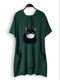 Cartoon Cat Printed Hooded Long Blouse With Pocket - Dark Green