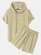 Mens Solid Color Button Up Cotton Hooded Two Pieces Outfits - Khaki