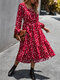 Polka Dot Print Tie Waist Long Sleeve Dress For Women - Red