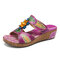 SOCOFY Handmade Leather Beaded Floral Adjustable Strap Slip on Slides Wedge Sandals - Purple
