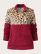 Plus Size Leopard Pattern Patchwork Zip Front Fluffy Sweatshirt - Wine Red