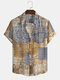 Mens Ethnic Floral & Striped Patchwork Short Sleeve Shirts With Pocket - Yellow