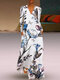Leaves Flower Print Long Sleeve V-neck Maxi Dress For Women - White