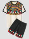 Mens Ethnic Pattern Patchwork Drawstring Waist Two Pieces Outfits - Apricot