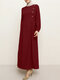 Casual Solid Color O-neck Long Sleeve Plus Size Button Dress for Women - Red