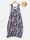 Vinatge Print Double-Layer Summer Plus Size Dress with Pockets - Blue