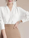 Blusa feminina sólida manga longa com decote em V - Branco