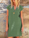 女性ソリッドノッチネックコットン半袖ドレス - 緑