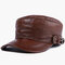 Men's Hat Leather Flat Top Military Cap Warm Earmuffs Outdoor Leather Duck Tongue Windproof Hat Male - Brown (head layer cowhide)