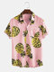 Mens Pineapple Pattern Printed Chest Pocket  Loose Short Sleeve Shirts - Pink