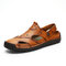 Men Two Ways Hand Stitching Closed Toe Leather Sandals - Brown
