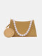 Women Pearls Pendant Embroidered Satchel Bag Handbag Shoulder Bag - Yellow