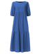 Solid Color O-neck Puff Sleeve Plus Size Dress for Women - Blue