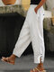 Women Solid Side Split Button Cuff Cotton Cropped Pants - White