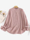 Solid Bell Sleeve Ruffle Trim Stand Collar Blouse - Pink