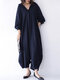 Women Solid Color Pocket Button Long Sleeve Casual Jumpsuit - Navy