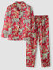 Men Faux Silk Leopard & Leaves Print Buttons Up Home Pajama Sets - Red