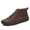 Men Vintage Hand Stitching Elastic Slip On Soft Leather Ankle Boots - Khaki