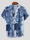 Mens Figure Statue Print Revere Collar Short Sleeve Shirt - Blue