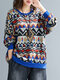 Ethnic Pattern Patchwork O-neck Pocket Knit Sweater - Blue