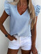 Striped Ruffled Sleeve V-neck Casual Blouse - Blue