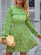 Floral Print Ruffle Long Sleeve Dress For Women - Green