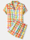 Mens Satin Sleepwear Revere Collar Colorful Pattern Shirt & Elastic Waist Shorts Pajamas Loungewear Sets - Orange