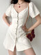 Front Buttons Short Sleeve Solid Color V Neck Thigh Length Dress - White