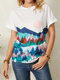 Short Sleeve Landscape Print O-neck Casual T-Shirt For Women - Gray