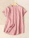 Solid Button Front Short Sleeve Stand Collar Blouse - Pink