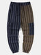 Mens Two Tone Striped Patchwork Flap Pocket Cotton Pants - Navy