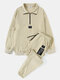 Mens Letter Applique Half Zip Pullover Sweatshirt Street Two Pieces Outfits - Khaki