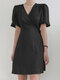 Solid Wrap V-neck Tie Side Short Sleeve A-line Dress - Black