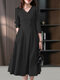 Women Solid V-Neck Casual 3/4 Sleeve Dress With Pocket - Black